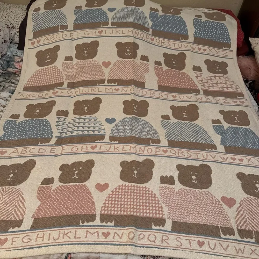 VTG 80s Pat Meyers Bear Alphabet Double Woven 100%Cotton Warm Baby Blanket 48x60